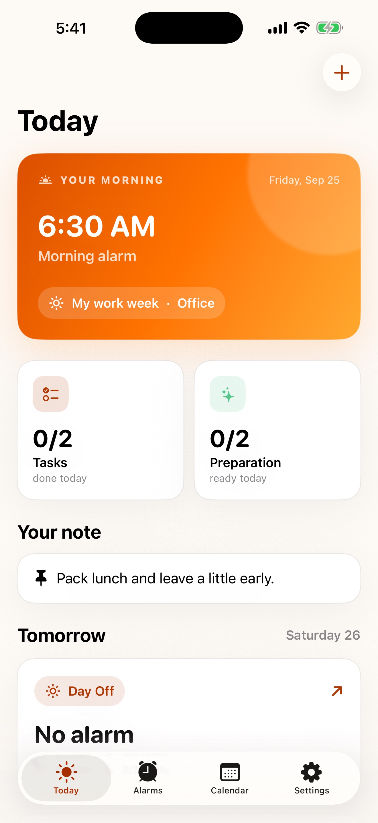 Today screen showing the next wake-up alarm, tasks, preparation, a note, and tomorrow's plan
