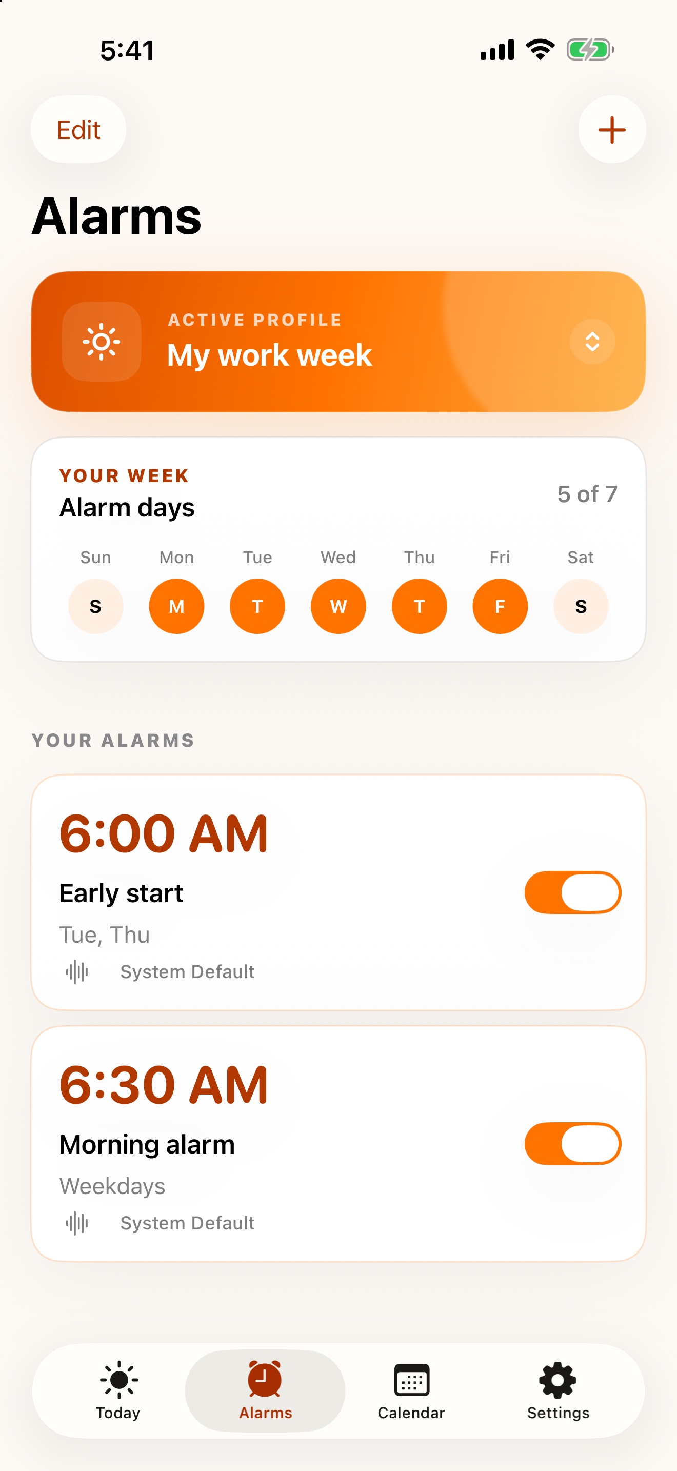 Alarm profiles screen showing repeating alarms and selected weekdays