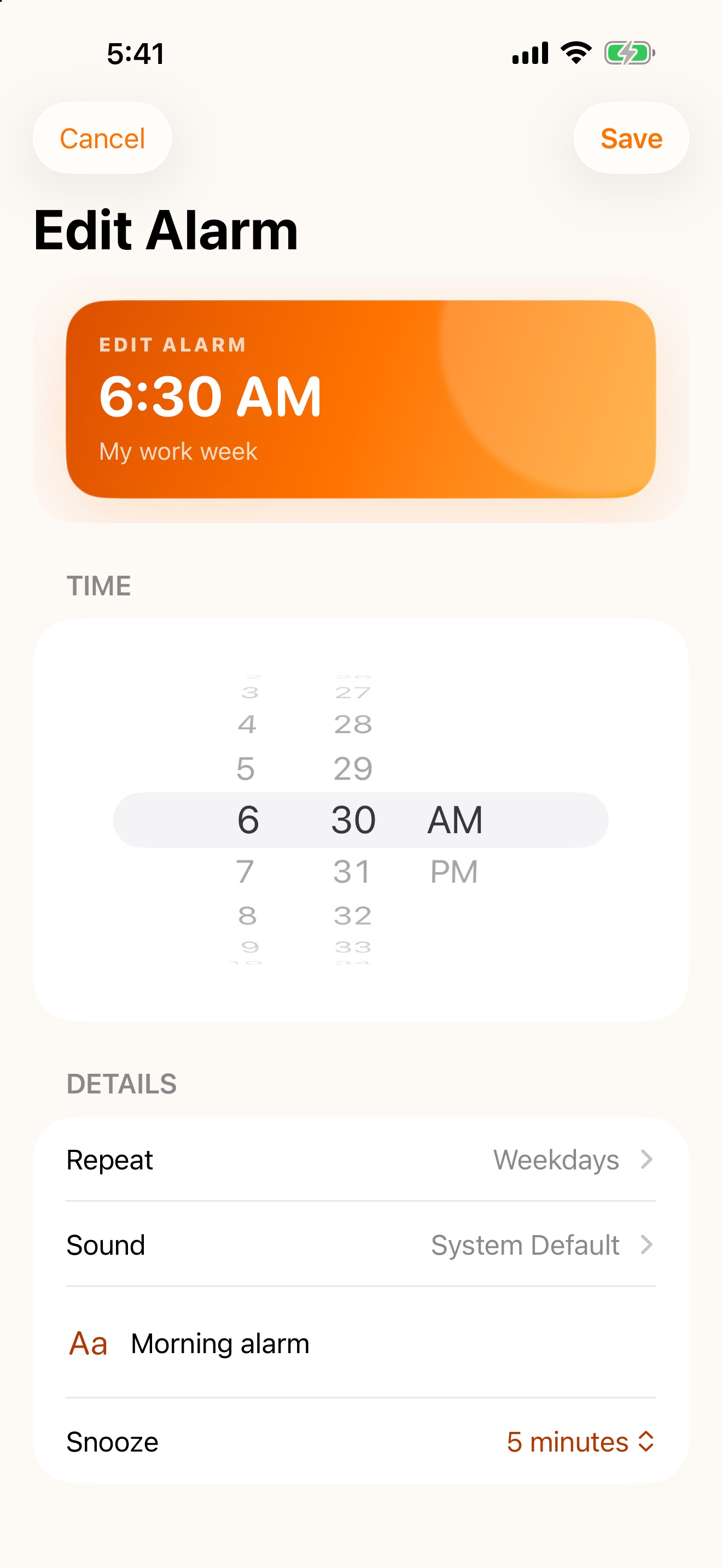 Alarm editor with time, repeat days, sound, label, and snooze options