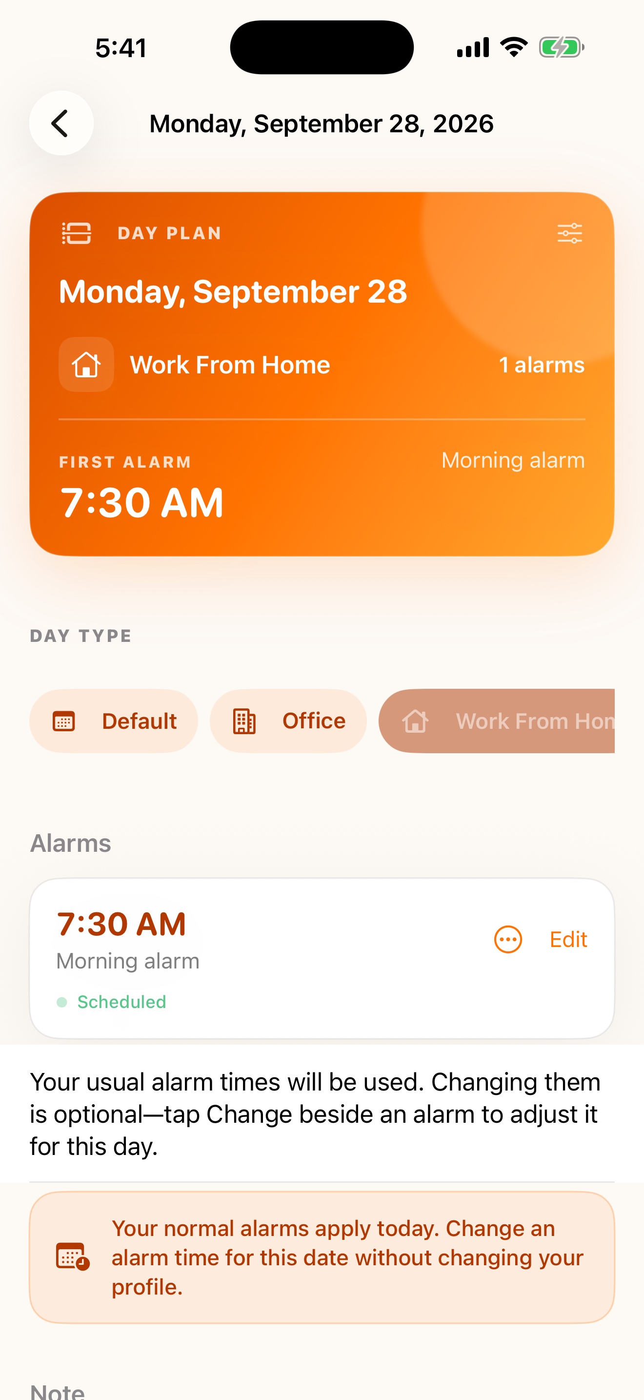 A work-from-home day with its first alarm and date-specific alarm controls