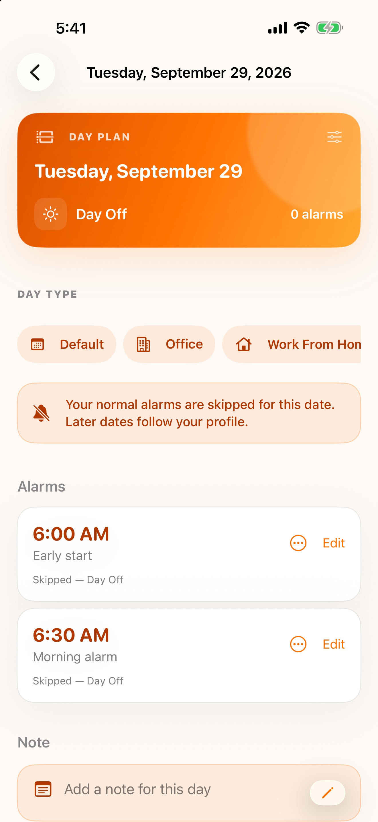 A day-off plan showing that regular alarms are skipped for that date