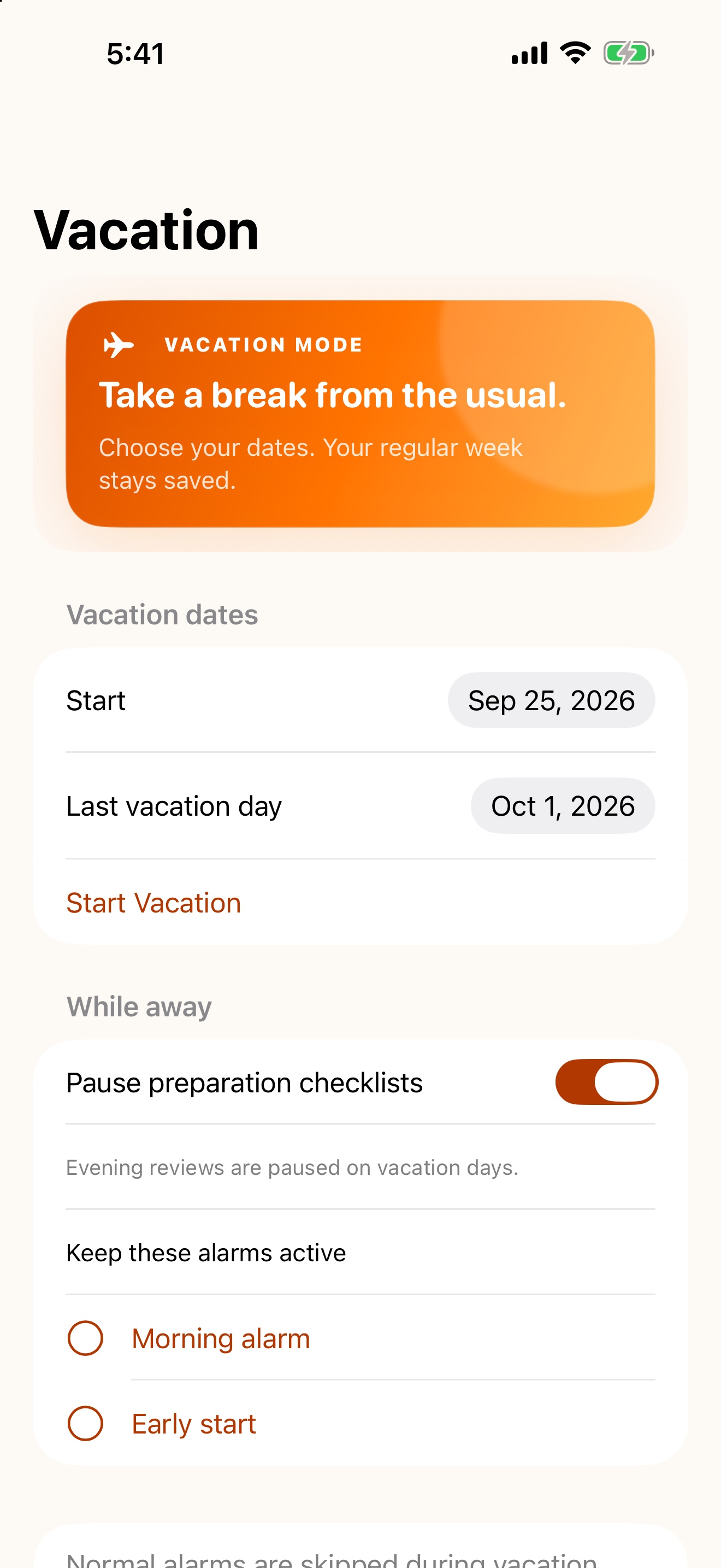 Vacation settings for choosing a date range and selecting alarms to keep active
