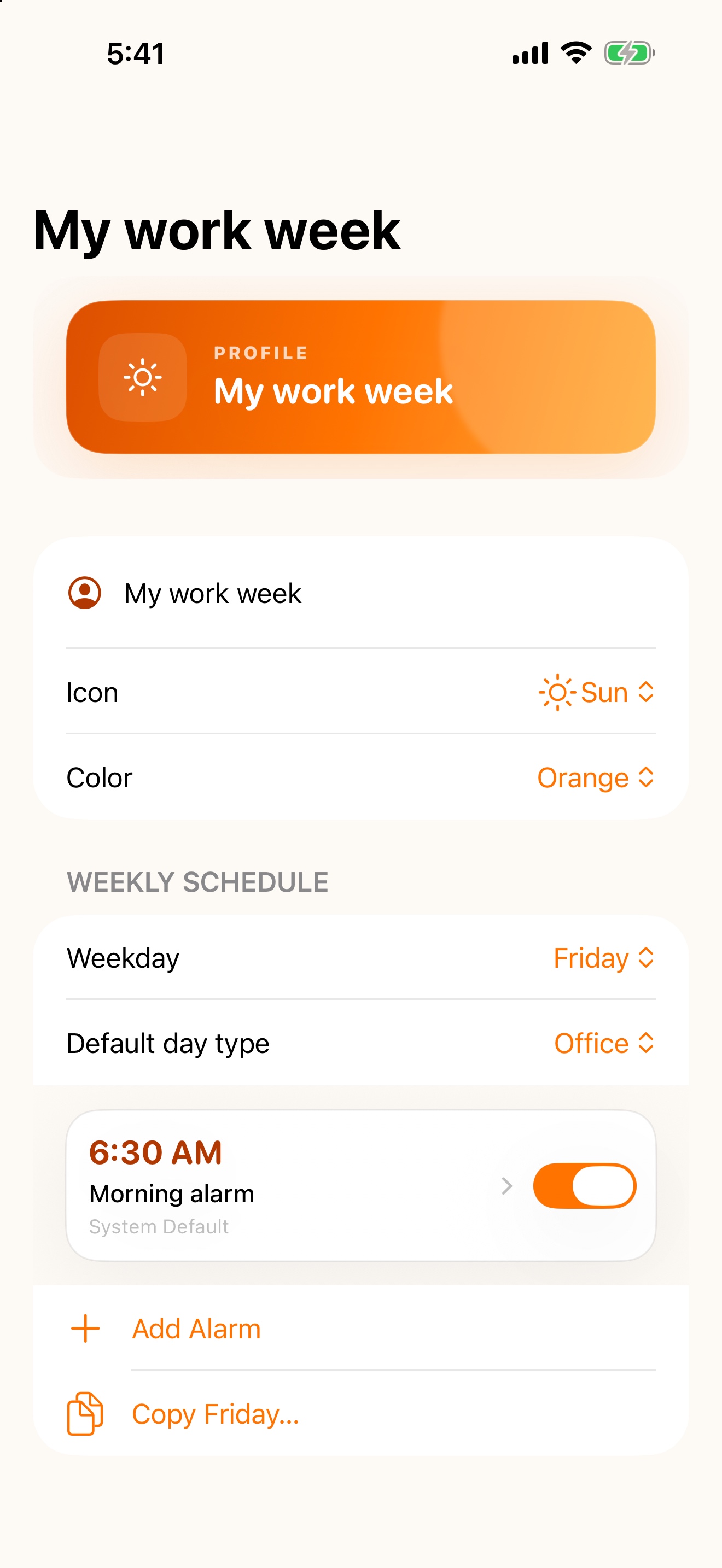 Profile settings for a work-week schedule, including its icon, color, and weekly alarm rules