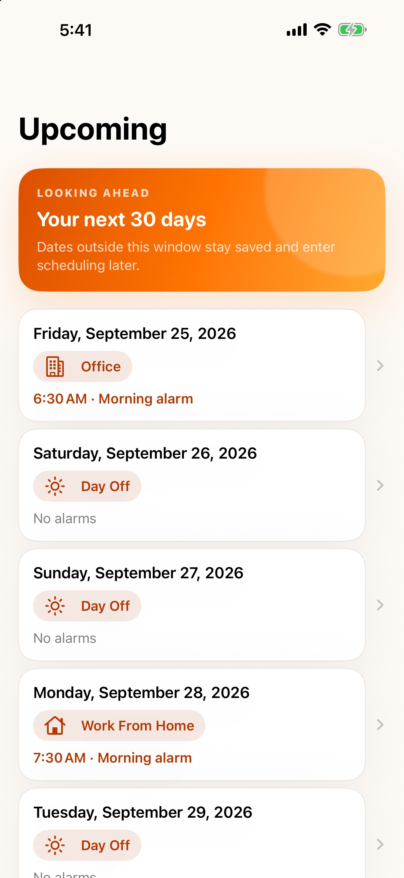 Upcoming screen showing the next 30 days of planned alarms and day types